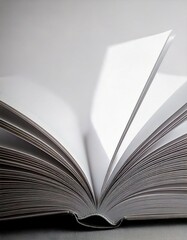 Closeup of blank white open pages of a book from a sideways view, page mockup on a plain isolated background wallpaper 