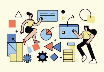 Creative Teamwork and Data Visualization in Modern Digital Workspace – Flat Abstract Vector Illustration.