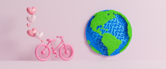 Concept of world bicycle day and car free day, healthy lifestyle, cycling and sports activity in nature, green bicycle and world. Environment preserve, background geometric shape, 3d rendering © Nuchjaree
