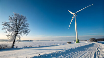 Obraz premium Winter landscape featuring wind turbine frozen field scenic photography clear skies tranquil environment