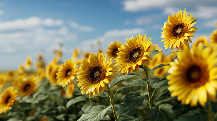 Fototapeta premium Vibrant sunflower field under a bright blue sky on a sunny day in summer Generative AI