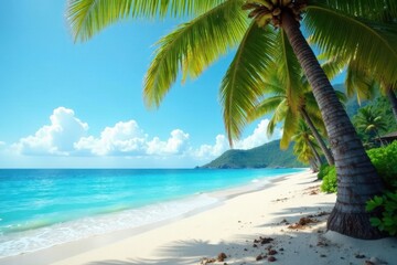 Fototapeta premium Palm trees sway gently in the ocean breeze, their trunks adorned with shells and seaweed , ocean, beach