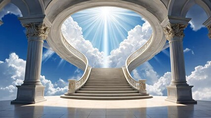Heavenly Stairway to the Sky with Glowing Light, Marble Columns, and Clouds in a Dreamy Divine Paradise Concept Scene - Powered by Adobe