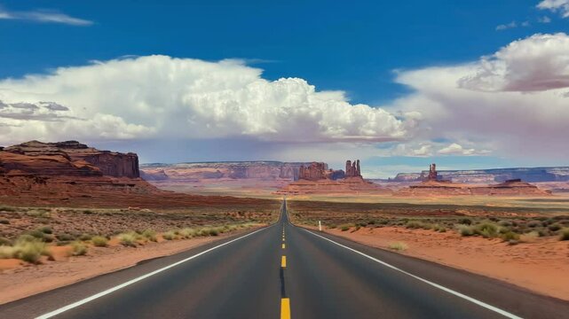 An endless road cuts through the desert, framed by blue skies and fluffy clouds, inviting pure freedom.


