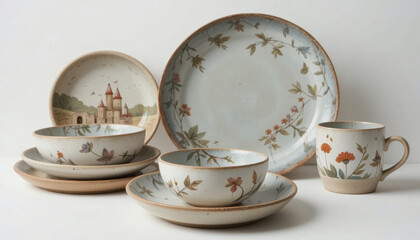 Ceramic Dinnerware Set with Floral and Castle Designs, Elegant