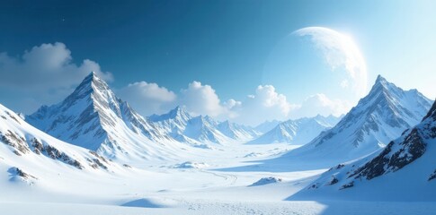 Snowy planet with white mountains and icy valleys , winter, cold