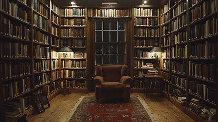 Library Interior, Reading Nook, Evening