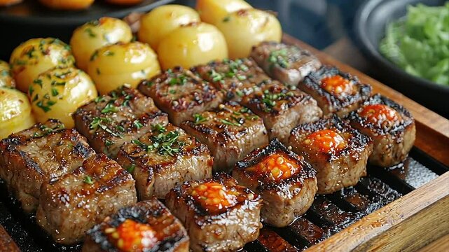 Grilled beef cubes and roasted potatoes on a wooden platter