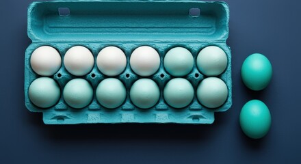 Teal carton with white and mint colored Easter eggs against blue background. Minimalist holiday composition with pastel colors. Spring celebration, eco-friendly packaging, color harmony