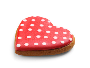 Tasty red heart shaped cookie on white background. Valentine's day celebration