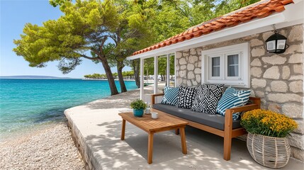 Obraz premium Stone House With Red Tile Roof near Turquoise Sea With Wooden Patio Furnitures