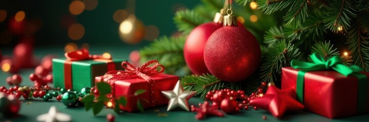 Vibrant red and green Christmas tree decorations amidst a cluster of vibrant colored presents ,  present,  festive
