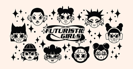 Obraz premium Retro cartoon characters in Y2K style. Cyber girls with stars for 90s-inspired design. Collection of funky futuristic vector mascots and objects