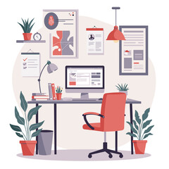 Fototapeta premium Modern office workspace with plants and documents in pastel colors 