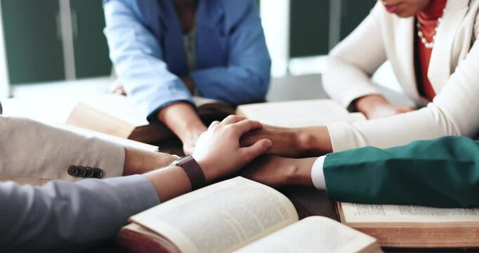 Holding hands, bible study and prayer group with worship, religion and believe with guidance. Closeup, Christian and people with respect, gratitude and holy scripture with faith, learning and God