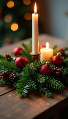 Wooden table with festive Christmas decorations surrounding a small candle and evergreen sprigs, Ornaments, Christmas