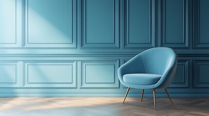clean pastel studio mockup with modern furniture design blue chair and wood wall panels representing home interior style decor and minimal room aesthetics