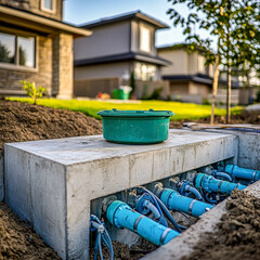 Sewage system installation in the backyard of an American home, gray concrete tank with blue pipes