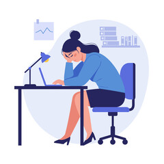 Fototapeta premium Tired young adult woman feeling stressed at desk in office 