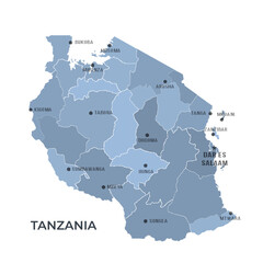 Map of TANZANIA with Regions Borders and Famous Cities