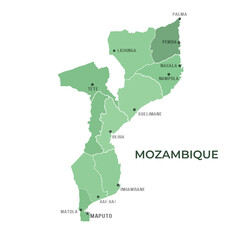 Map of MOZAMBIQUE with Regions Borders and Famous Cities