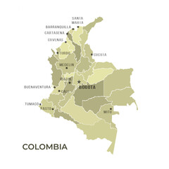 Obraz premium Map of COLOMBIA with Regions Borders and Famous Cities
