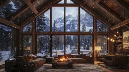 Fototapeta premium cozy alpine resort home with wooden beams and floor, snow falling outside