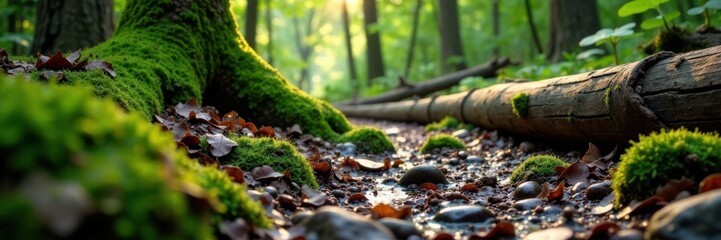 Obraz premium Muddy forest floor with mossy rocks and fallen logs, earthy, forest