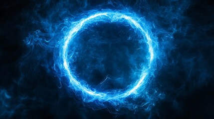glowing neon art with blue smoke circle on dark background showing futuristic swirl pattern and geometric digital design with light and motion
