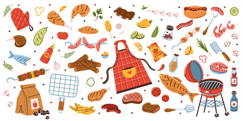 A set of items for a barbecue, grill or picnic. Meat, steaks, mushrooms, vegetables, fish, grilled sausages. Bbq party. Vector illustration in a flat style, isolated on a white background