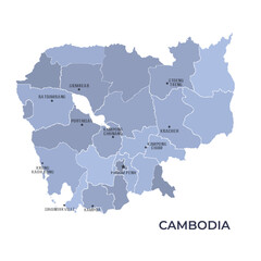 Map of CAMBODIA with Regions Borders and Famous Cities