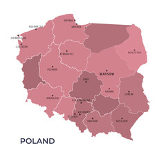Map of POLAND with Regions Borders and Famous Cities