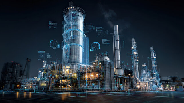 futuristic refinery powered by clean technology is depicted with digital overlays, showcasing blend of industrial architecture and advanced technology. scene is illuminated against night sky