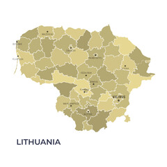 Map of LITHUANIA with Regions Borders and Famous Cities