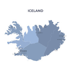 Map of ICELAND with Regions Borders and Famous Cities