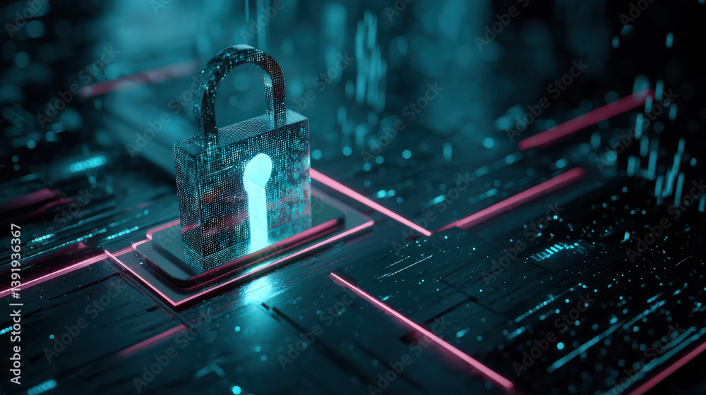 Poster Futuristic digital lock surrounded by glowing data streams on circuit board, symbolizing cybersecurity and data protection. neon blue and pink hues create high tech atmosphere