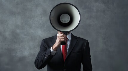 Person in suit with megaphone covering face, symbolizing communication power.