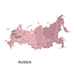 Map of RUSSIA with Regions Borders and Famous Cities