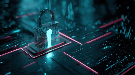 Futuristic digital lock surrounded by glowing data streams on circuit board, symbolizing cybersecurity and data protection. neon blue and pink hues create high tech atmosphere