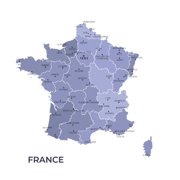 Map of FRANCE with Regions Borders and Famous Cities