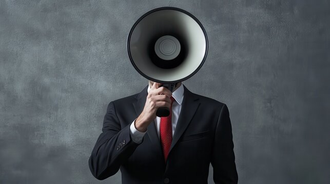 Person in suit with megaphone covering face, symbolizing communication power. - Powered by Adobe