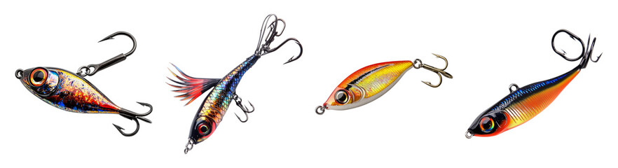 Colorful Fishing Lures for Freshwater and Saltwater Angling Activities, PNG bundle collection, Isolated on Transparent Background