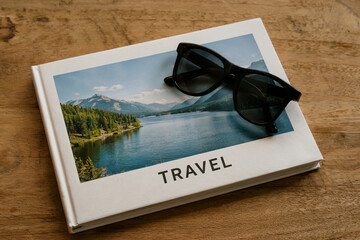 Travel inspiration book with sunglasses