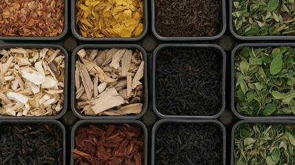 Collection of small black rectangular containers filled with different types of tea leaves. the containers are arranged in a grid-like pattern, with each container containing a different type of tea.