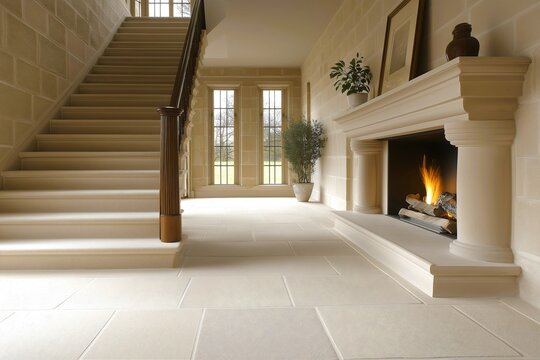Elegant limestone entryway with grand staircase and classic fireplace in luxury home.