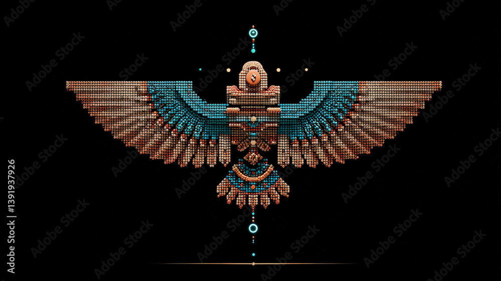 Poster stylized, intricate design of bird with outstretched wings, featuring geometric patterns and vibrant