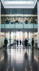 Business Entrance: Blurred Vision of Professionals Entering Modern Office Building with Gleaming Floors and Sleek Design