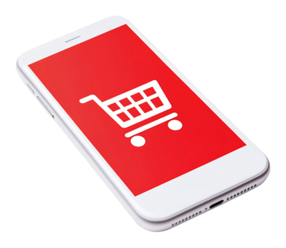 Smartphone displays vibrant red shopping cart icon easily. AI Generated