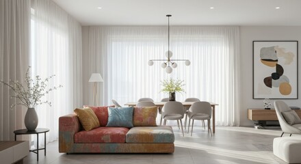 Fototapeta premium Modern living room interior with comfortable armchair and stylish furniture in a luxurious apartment