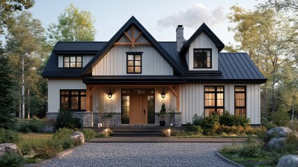 farmhouse design, rustic modern farmhouse board and batten siding, wooden front door, lantern-style lights, and gravel driveway